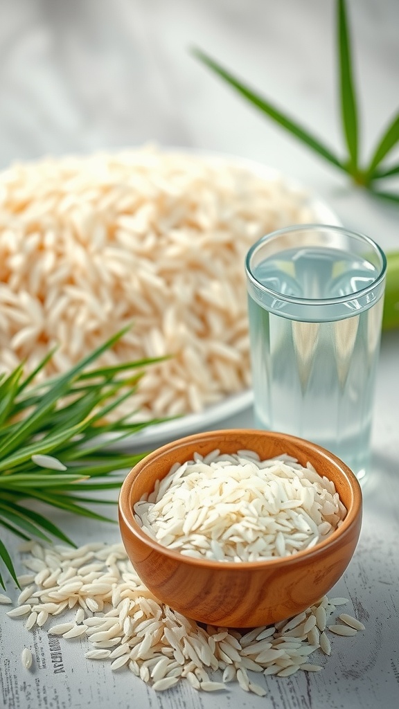 A bowl of soaked rice next to a glass of rice water, with fresh rice grains and greenery in the background.